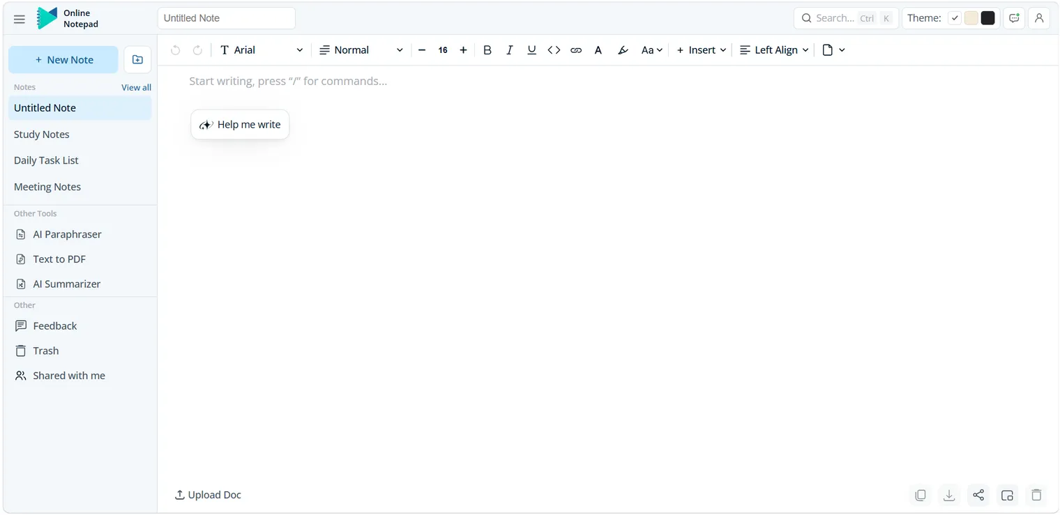 Captura de tela do editor do Online Notepad, com a barra de formatação no topo, a lista de notas e as ferramentas de IA na lateral