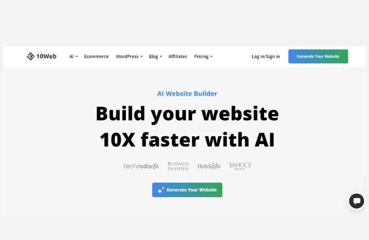 Captura da página inicial do 10Web, com o título "Build your website 10X faster with AI" e logos de veículos de imprensa