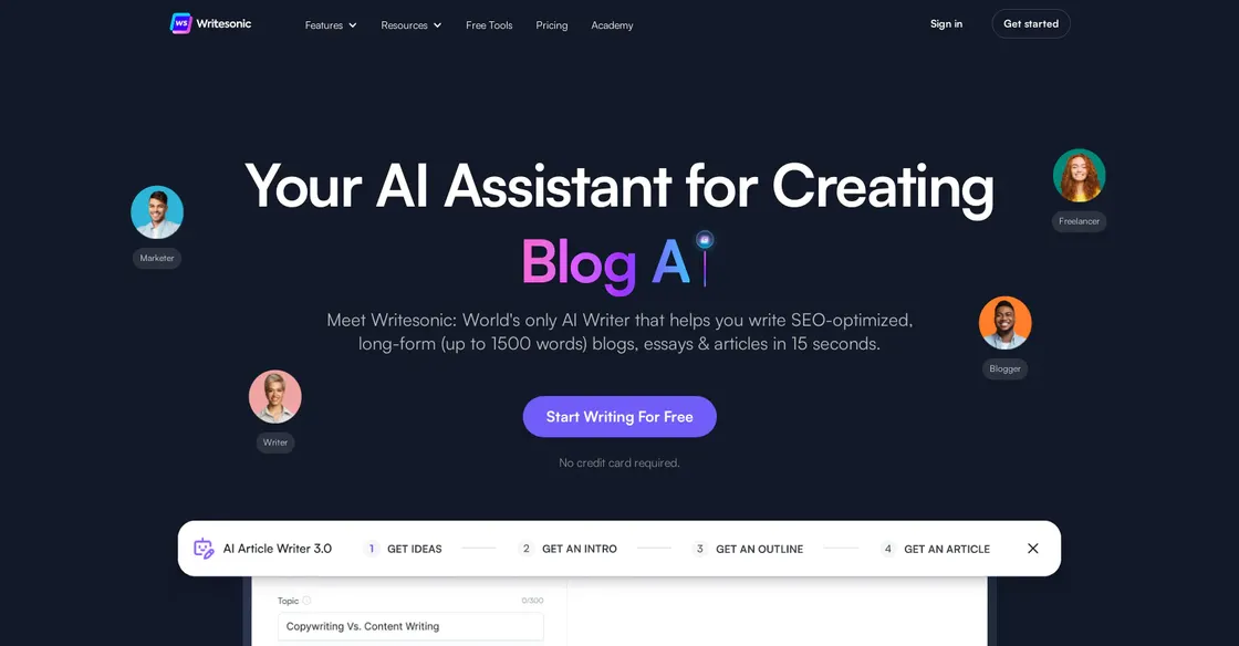 Screenshot of the Writesonic page, titled "Your AI Assistant for Creating Blog A" and the article action bar below.