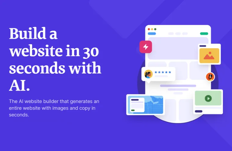 Captura da página do Durable, com o título "Build a website in 30 seconds with AI" sobre fundo roxo e a ilustração de um site sendo montado