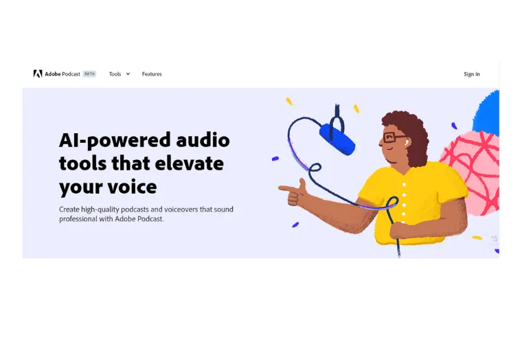 Captura da página do Adobe Podcast, com o título "AI-powered audio tools that elevate your voice" e a ilustração de uma pessoa segurando um microfone