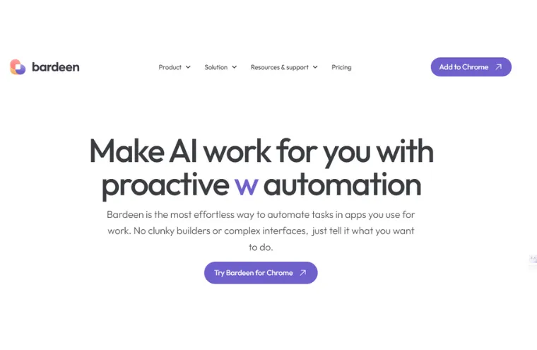 Captura da página do Bardeen, com o título "Make AI work for you with proactive automation" e o botão para instalar no Chrome