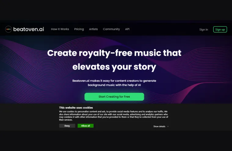 Captura da página do Beatoven.ai, com o título "Create royalty-free music that elevates your story" sobre fundo escuro com ondas coloridas
