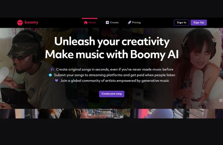 Captura da página do Boomy, com o título "Unleash your creativity. Make music with Boomy AI" sobre fotos de pessoas produzindo música