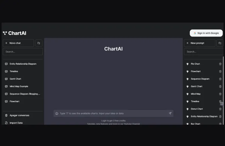 Captura do ChartAI, com a lista de tipos de diagrama à esquerda e à direita e o campo de descrição do gráfico ao centro