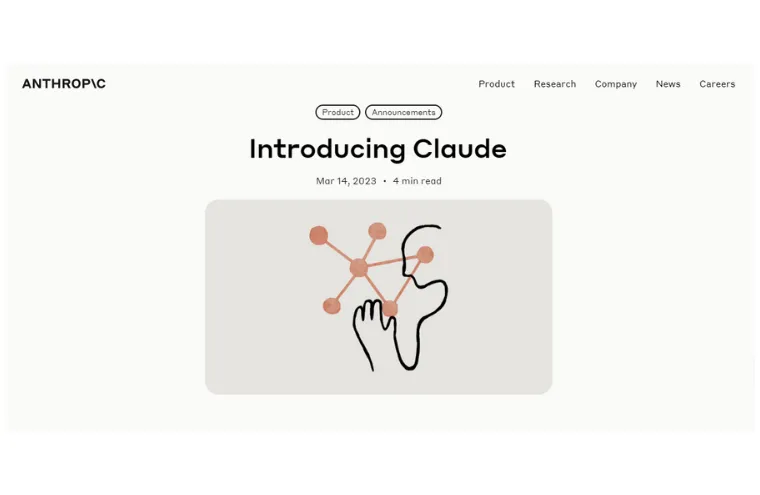 Captura do anúncio do Claude no site da Anthropic, com o título "Introducing Claude" e uma ilustração de mãos e uma rede de pontos