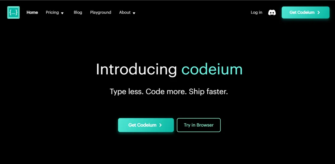 Captura da página inicial do Codeium, com o título "Introducing codeium" sobre fundo preto