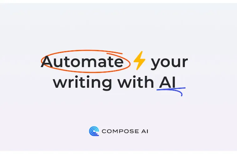 Изображение от Compose AI, содержащее фразу "Автоматизируйте написание текстов с помощью ИИ" и логотип инструмента внизу.