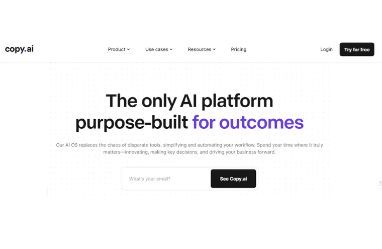 Captura da página do Copy.ai, com o título "The only AI platform purpose-built for outcomes" e um campo de e-mail para começar