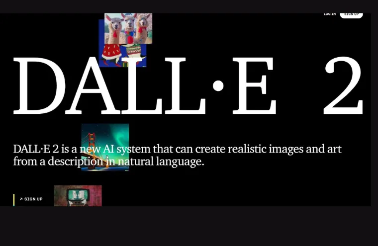 Captura da página do DALL-E 2, com o nome em letras grandes sobre fundo preto e a descrição do sistema que cria imagens a partir de texto