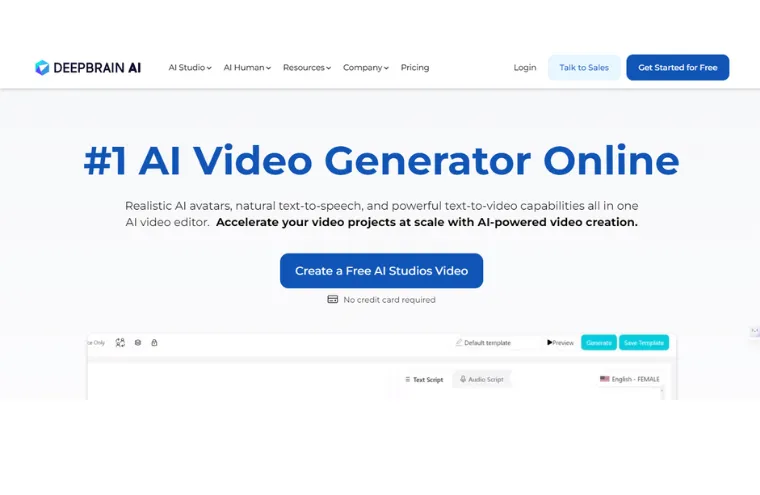 Captura da página da DeepBrain AI, com o título "#1 AI Video Generator Online" e a tela do editor de vídeo abaixo