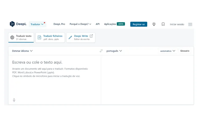 Captura do tradutor DeepL, com as áreas de texto de origem e destino e as abas de tradução de texto, de arquivos e do DeepL Write