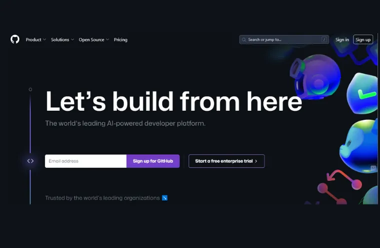 Captura da página inicial do GitHub, com o título "Let's build from here" sobre fundo escuro