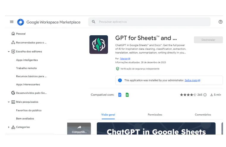 Captura da listagem do Google Workspace Marketplace com o app GPT for Sheets and Docs
