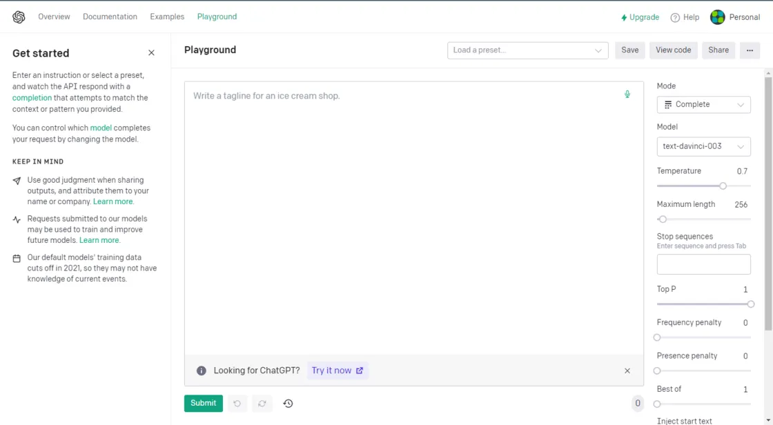 Captura do Playground da OpenAI, com o campo de instrução à esquerda e os controles de modelo, temperatura e tamanho máximo à direita