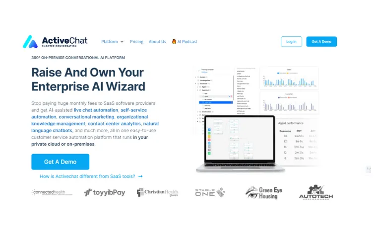 Captura da página do ActiveChat, com o título "Raise And Own Your Enterprise AI Wizard", um painel de automação à direita e logotipos de clientes abaixo