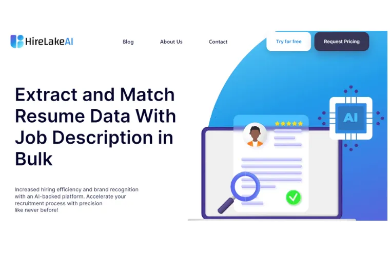 Captura da página do HireLakeAI, com o título "Extract and Match Resume Data With Job Description in Bulk" e a ilustração de um currículo analisado por IA
