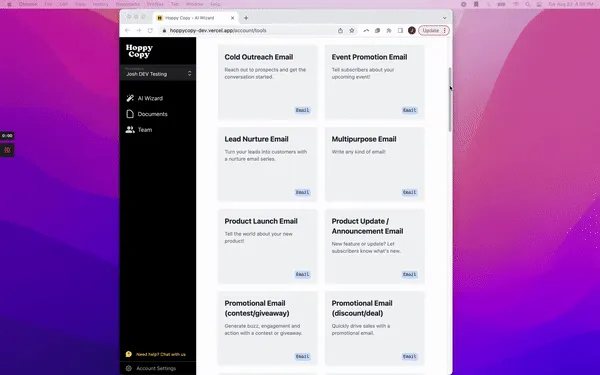 Captura da página inicial do HoppyCopy, gerador de textos persuasivos para marketing com IA
