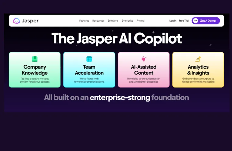 Captura da página inicial do Jasper.ai, com destaque para geração de conteúdo de marca 10 vezes mais rápido