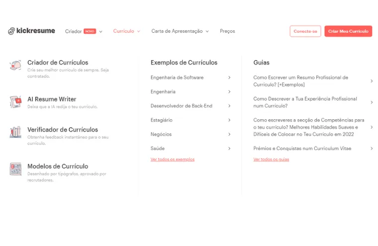 Captura da página inicial do kickresume