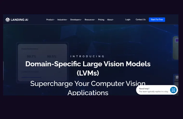 Captura da página inicial da Landing AI, com o título sobre modelos de visão computacional de domínio específico