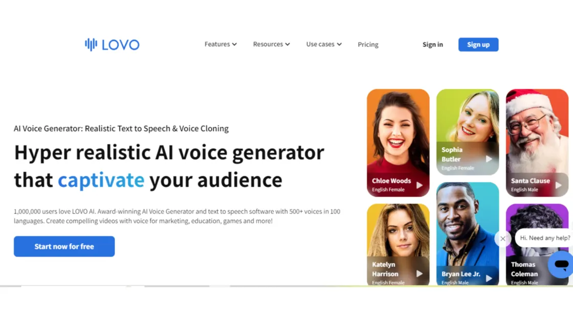 Captura da página do LOVO, com o título "Hyper realistic AI voice generator that captivate your audience" e seis vozes com foto e idioma à direita