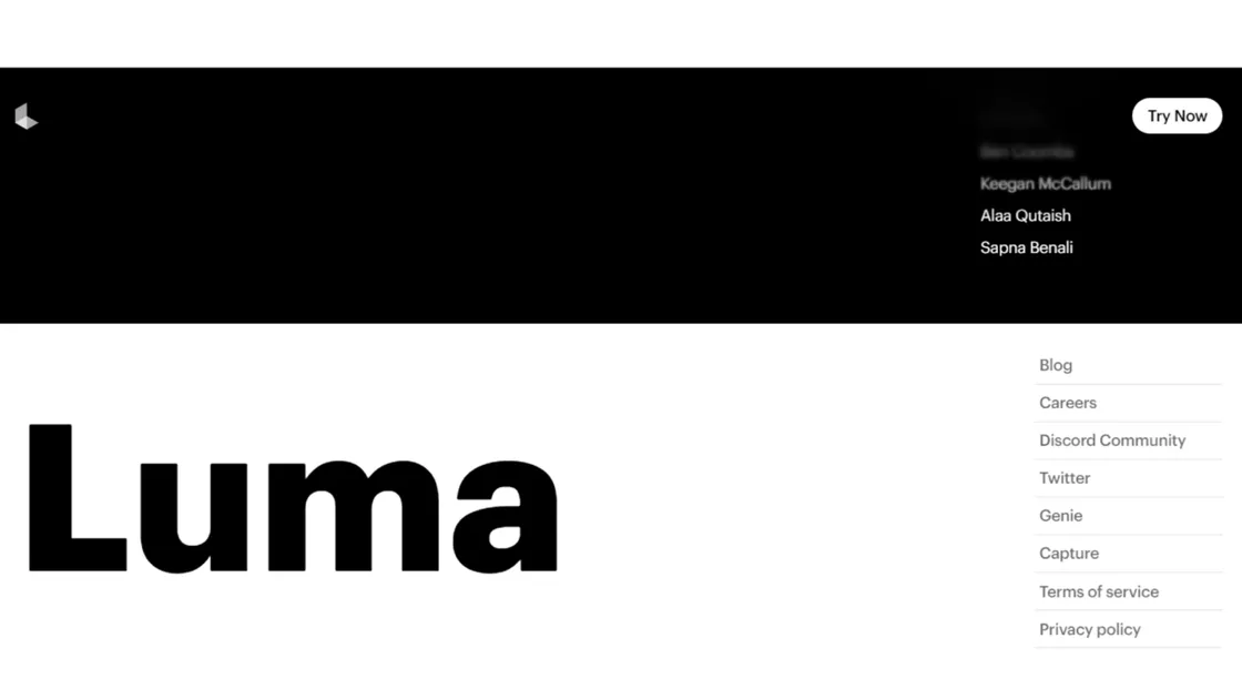 Captura da página inicial do Luma IA