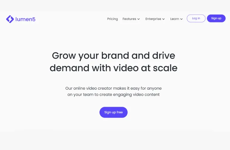 Captura da página do Lumen5, com o título "Grow your brand and drive demand with video at scale" sobre fundo claro