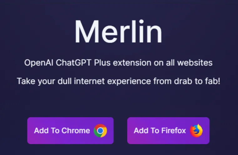 Captura da página inicial do Merlin, assistente que leva o ChatGPT Plus para todos os sites