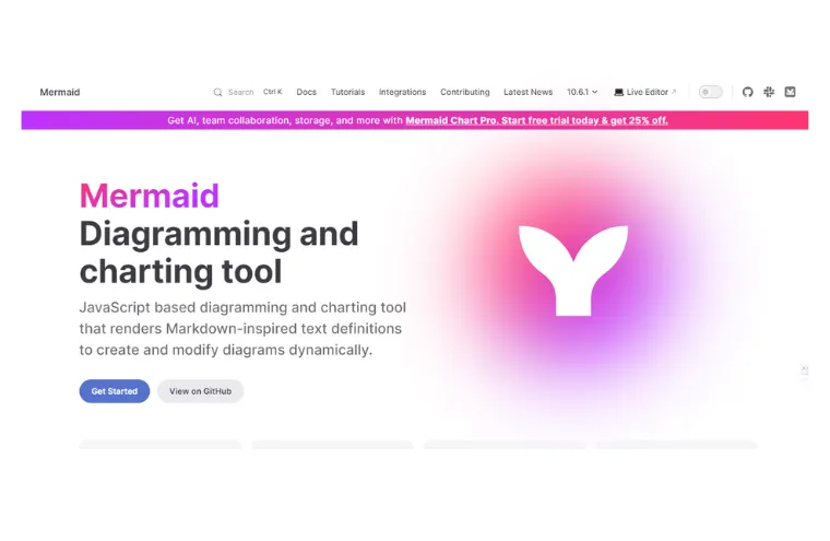 Captura da página inicial do Mermaid, com o logo em gradiente rosa e roxo e o título "Diagramming and charting tool"