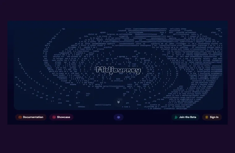 Captura da página do Midjourney, com o nome desenhado em caracteres sobre um fundo escuro de espiral