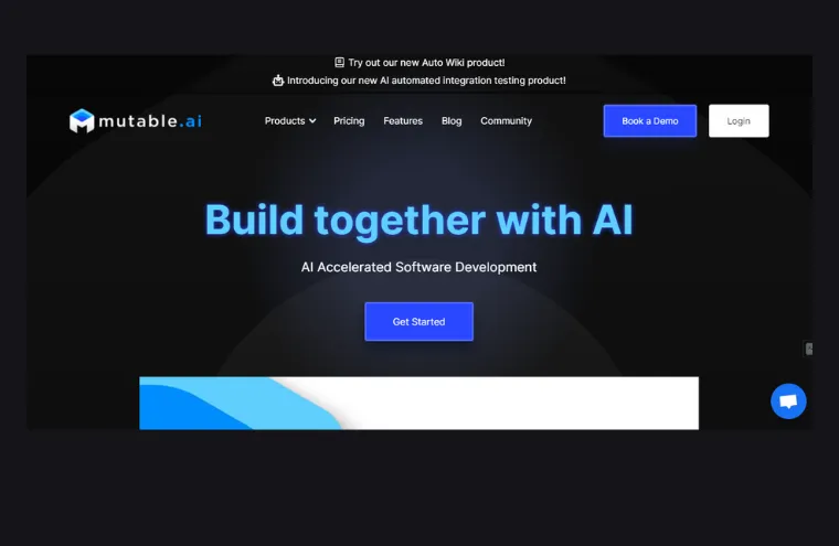 Captura da página inicial do Mutable.ai, com o título "Build together with AI" sobre fundo escuro