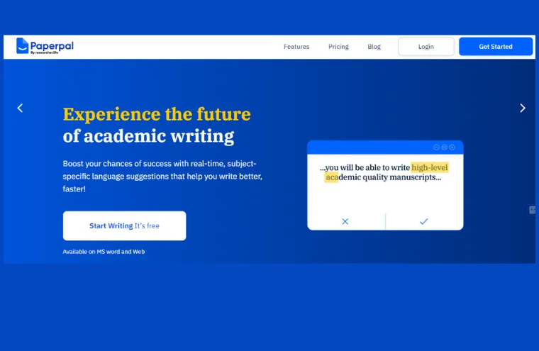 Captura da página do Paperpal, com o título "Experience the future of academic writing" e uma sugestão de texto acadêmico destacada