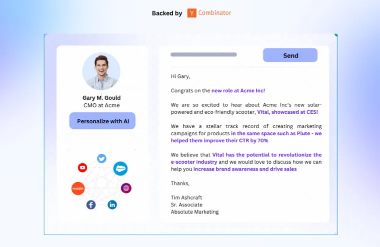 Captura da página inicial do Persana AI, gerador de e-mails de vendas personalizados com IA