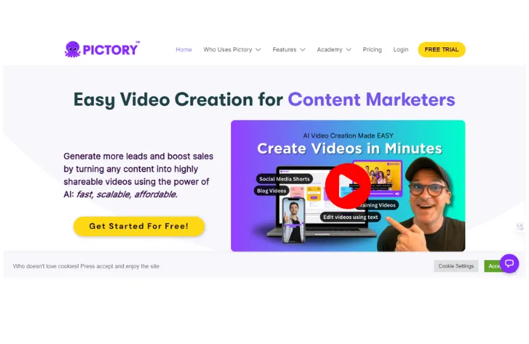 Captura da página do Pictory, com o título "Easy Video Creation for Content Marketers" e um vídeo de demonstração à direita