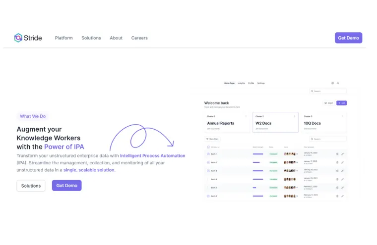 Captura da página do Stride, com o título "Augment your Knowledge Workers with the Power of IPA", usada como capa desta ficha no Tilda