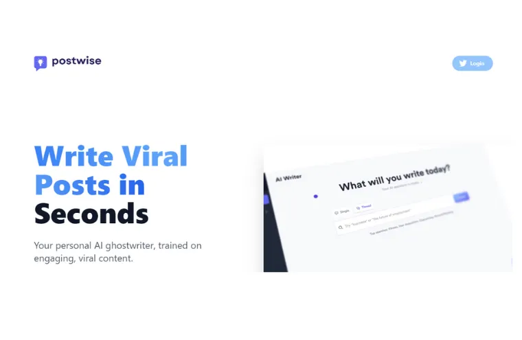 Captura da página do Postwise, com o título "Write Viral Posts in Seconds" e a tela do assistente de escrita à direita