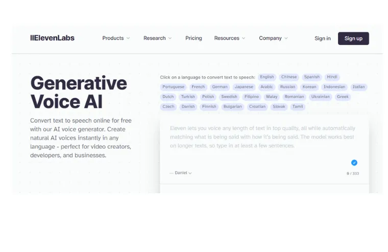 Captura da página da ElevenLabs, com o título "Generative Voice AI" e o painel de escolha de idioma e texto para gerar a fala