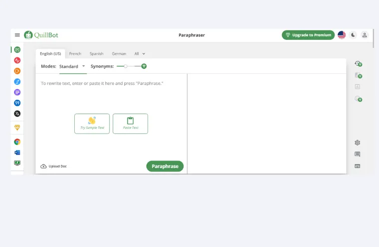 Captura da interface do QuillBot, com a caixa de texto para parafrasear e o botão "Paraphrase"