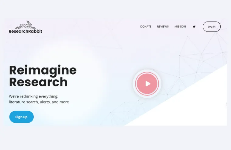 Скриншот страницы ResearchRabbit под названием "Переосмысление исследований", на которой изображена кнопка для просмотра видео на фоне точечной сетки.