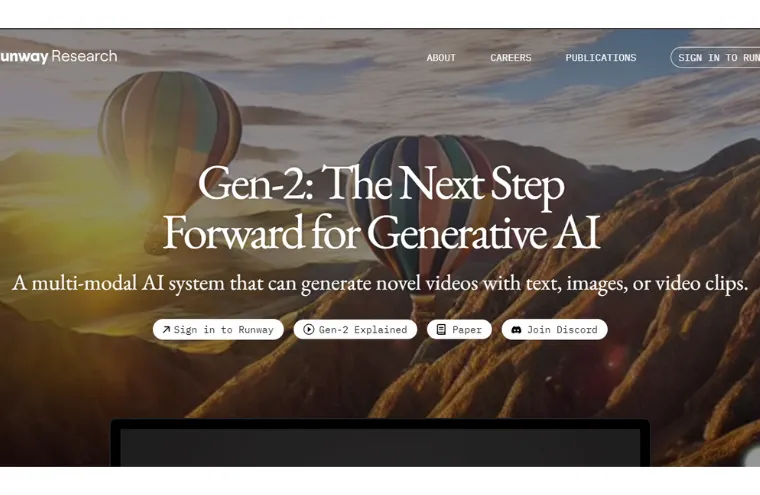 Captura da página da Runway Research, com o título "Gen-2: The Next Step Forward for Generative AI" sobre uma foto de balões ao amanhecer