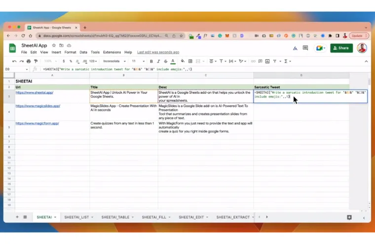 Captura de uma planilha do Google Sheets com o complemento SheetAI, mostrando a fórmula SHEETAI e as abas de funções da ferramenta