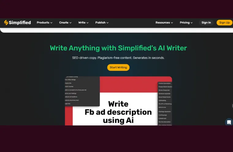 Скриншот страницы Simplified под названием «Напишите что угодно с помощью ИИ-редактора Simplified», на котором показан редактор, генерирующий описание объявления.
