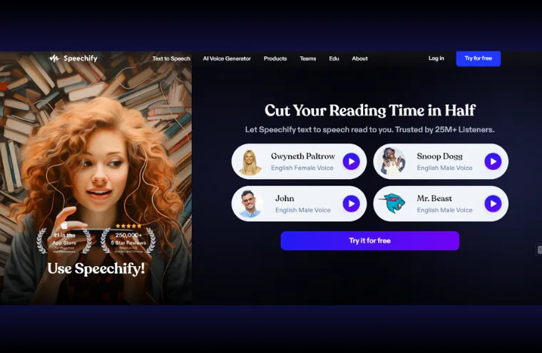 Captura da página do Speechify, com o título "Cut Your Reading Time in Half" e quatro vozes disponíveis para ouvir