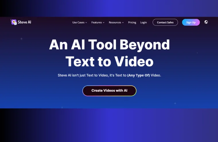 Captura da página do Steve AI, com o título "An AI Tool Beyond Text to Video" e o botão de criar vídeos com IA
