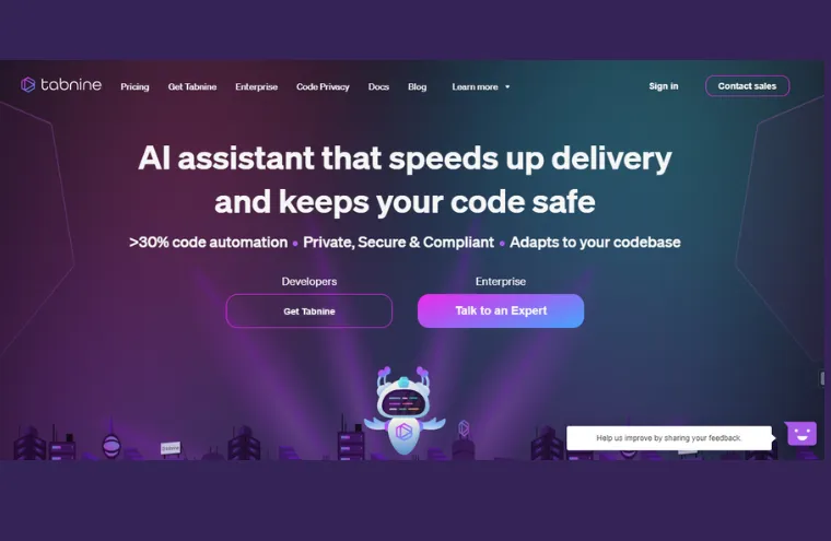 Captura da página inicial do Tabnine, com o título "AI assistant that speeds up delivery and keeps your code safe" e um robô ilustrado