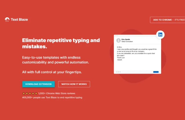 Captura da página do Text Blaze, com o título "Eliminate repetitive typing and mistakes" sobre fundo vermelho e um exemplo de mensagem pronta