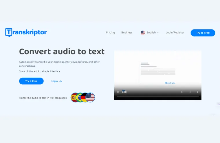 Captura da página do Transkriptor, com o título "Convert audio to text" e a menção a transcrição em mais de 40 idiomas