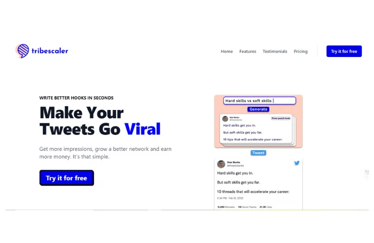 Captura da página do Tribescaler, com o título "Make Your Tweets Go Viral" e um exemplo de publicação gerada à direita
