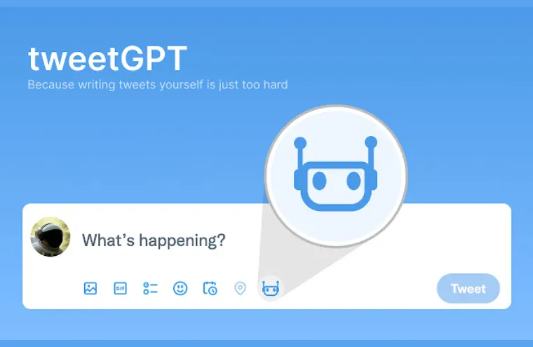 Captura da página inicial do tweetGPT, com o robô assistente e o campo "What's happening?" do Twitter